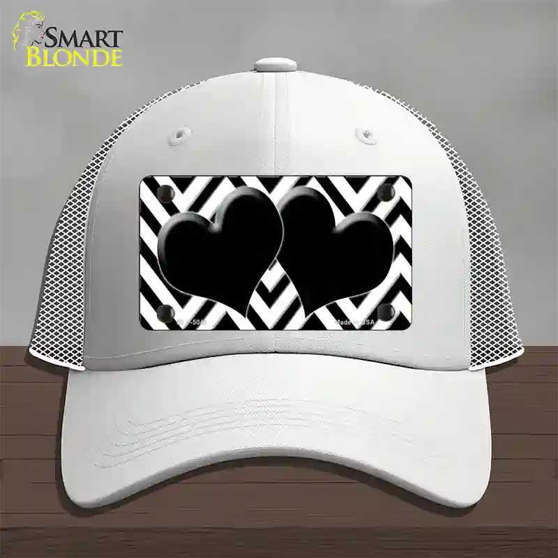 White Black Chevon Hearts Novelty License Plate Hat Mesh / White