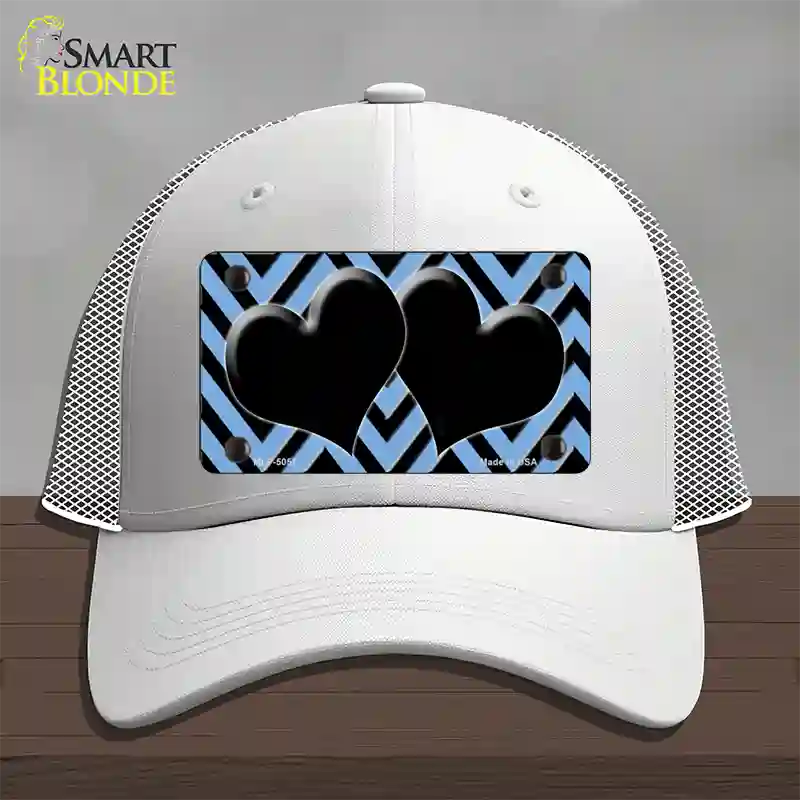 Light Blue Black Chevon Hearts Novelty License Plate Hat Mesh / White