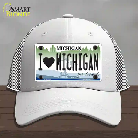 I Love Michigan Novelty License Plate Hat Mesh / White