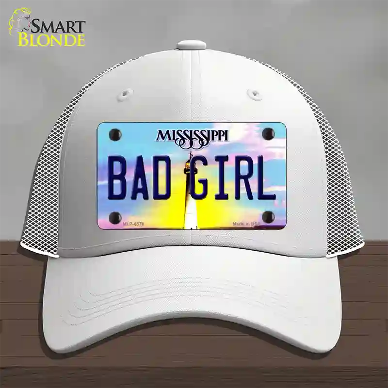 Bad Girl Mississippi Novelty License Plate Hat Mesh / White