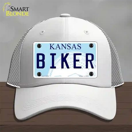 Biker Kansas Novelty License Plate Hat Mesh / White