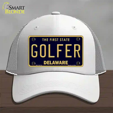 Golfer Delaware Novelty License Plate Hat Mesh / White