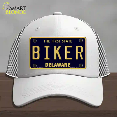 Biker Delaware Novelty License Plate Hat Mesh / White