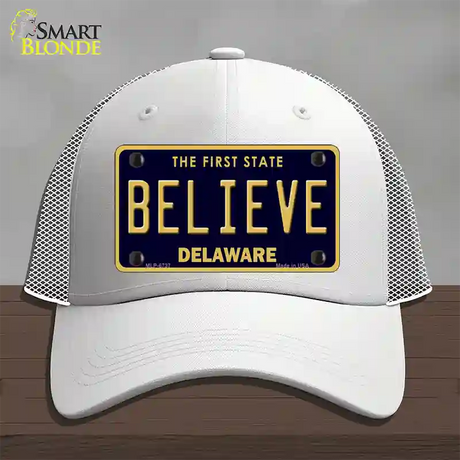 Believe Delaware Novelty License Plate Hat Mesh / White