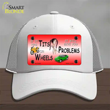 Tits Or Wheels Red Novelty License Plate Hat Mesh / White