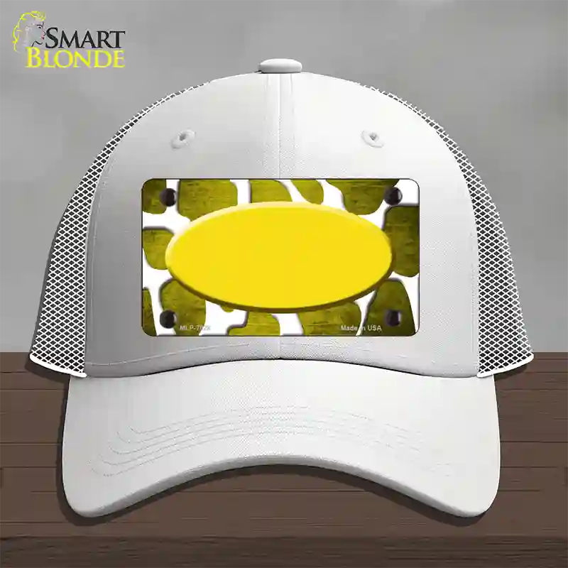 Yellow White Oval Giraffe Oil Rubbed Novelty License Plate Hat Mesh / White