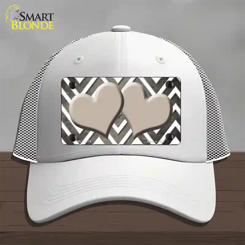 Tan White Hearts Chevron Oil Rubbed Novelty License Plate Hat Mesh / White