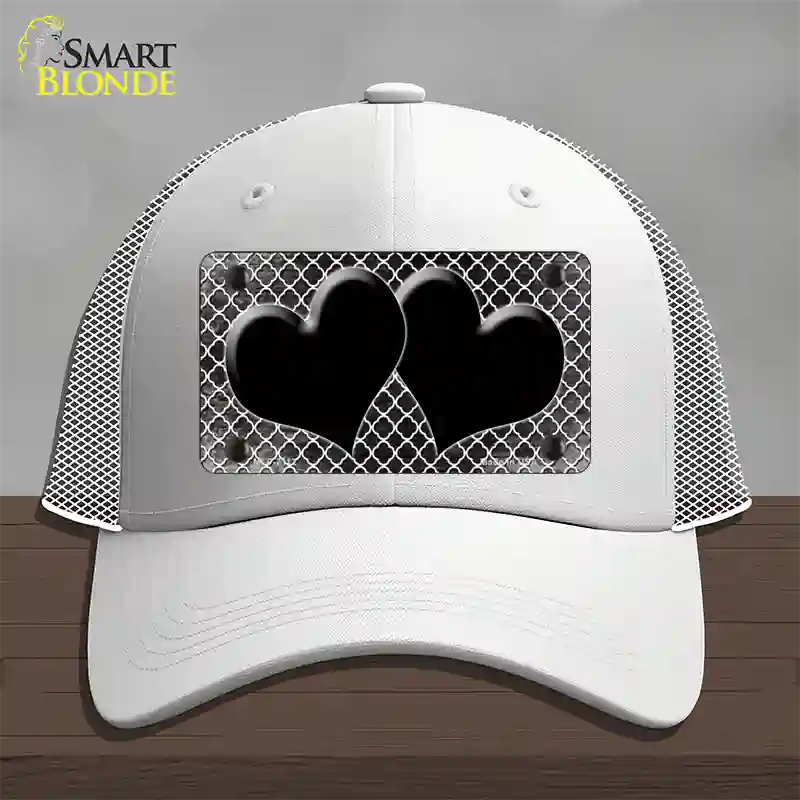 Black White Quatrefoil Hearts Oil Rubbed Novelty License Plate Hat Mesh / White