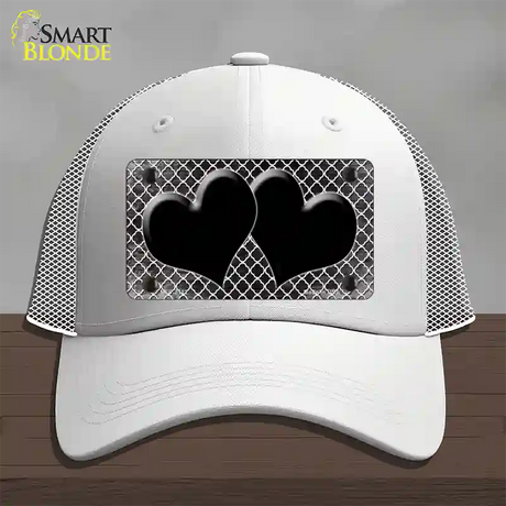 Black White Quatrefoil Hearts Oil Rubbed Novelty License Plate Hat Mesh / White