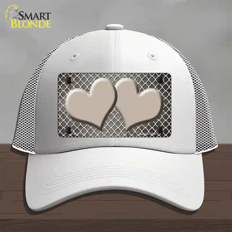 Tan White Quatrefoil Hearts Oil Rubbed Novelty License Plate Hat Mesh / White