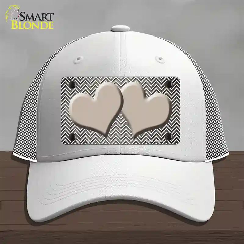 Tan White Small Chevron Hearts Oil Rubbed Novelty License Plate Hat Mesh / White