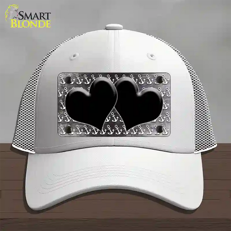 Black White Anchor Hearts Oil Rubbed Novelty License Plate Hat Mesh / White