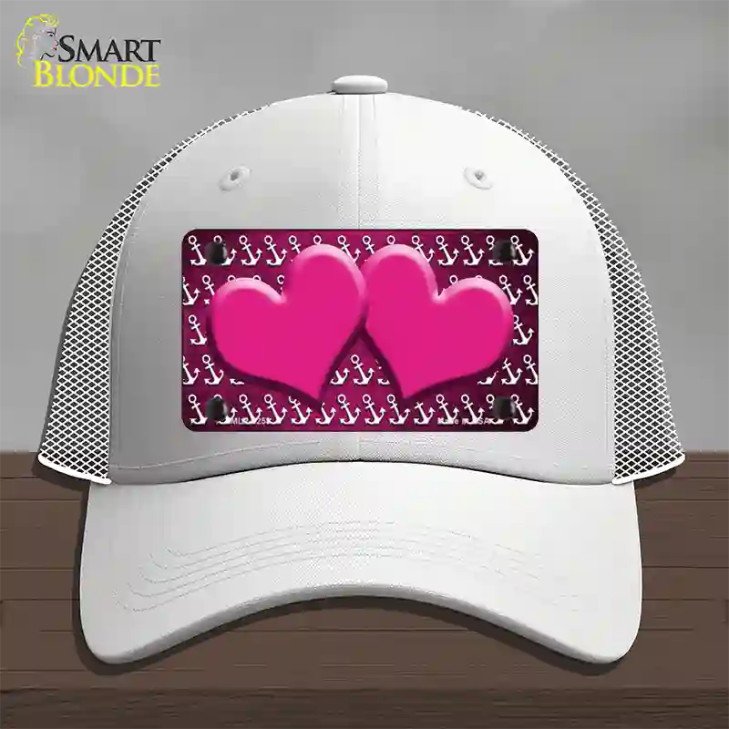 Pink White Anchor Hearts Oil Rubbed Novelty License Plate Hat Mesh / White