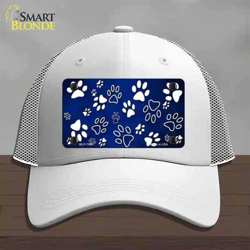 Blue White Paw Oil Rubbed Novelty License Plate Hat Mesh / White