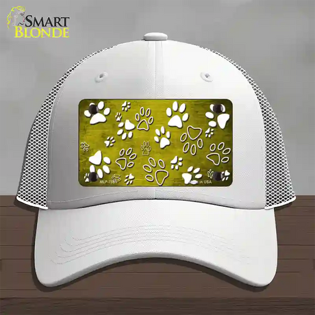 Yellow White Paw Oil Rubbed Novelty License Plate Hat Mesh / White