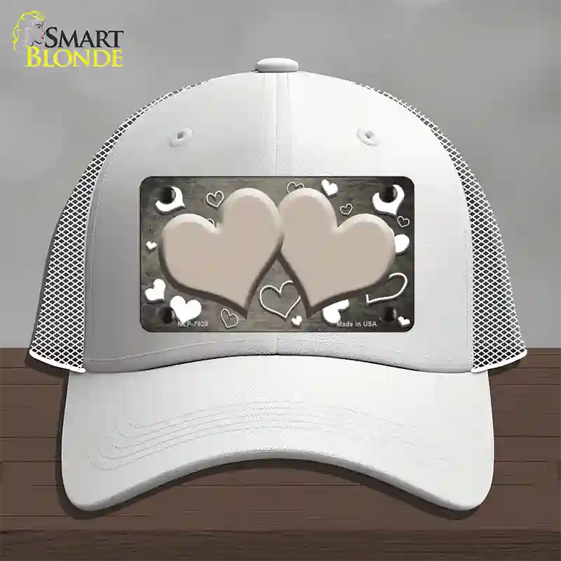 Tan White Love Hearts Oil Rubbed Novelty License Plate Hat Mesh / White