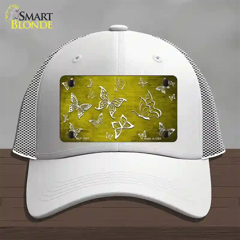 Yellow White Butterfly Oil Rubbed Novelty License Plate Hat Mesh / White