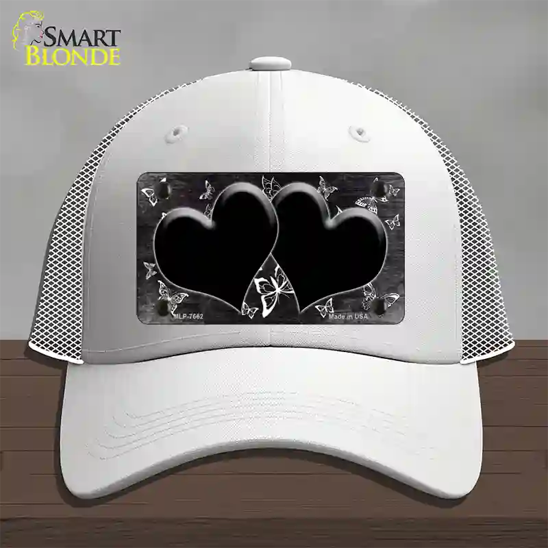 Black White Hearts Butterfly Oil Rubbed Novelty License Plate Hat Mesh / White