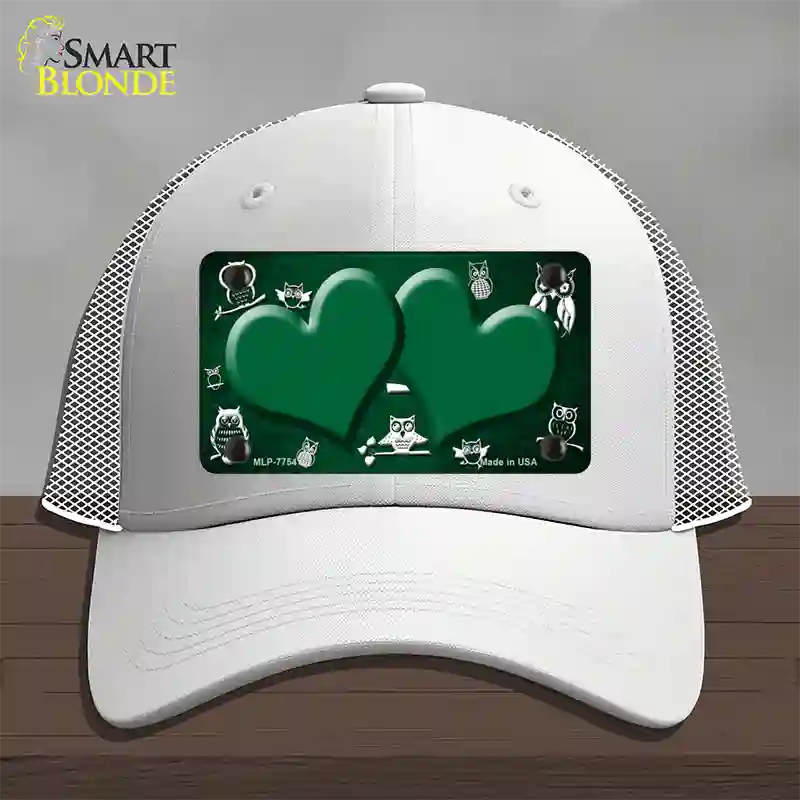 Green White Owl Hearts Oil Rubbed Novelty License Plate Hat Mesh / White