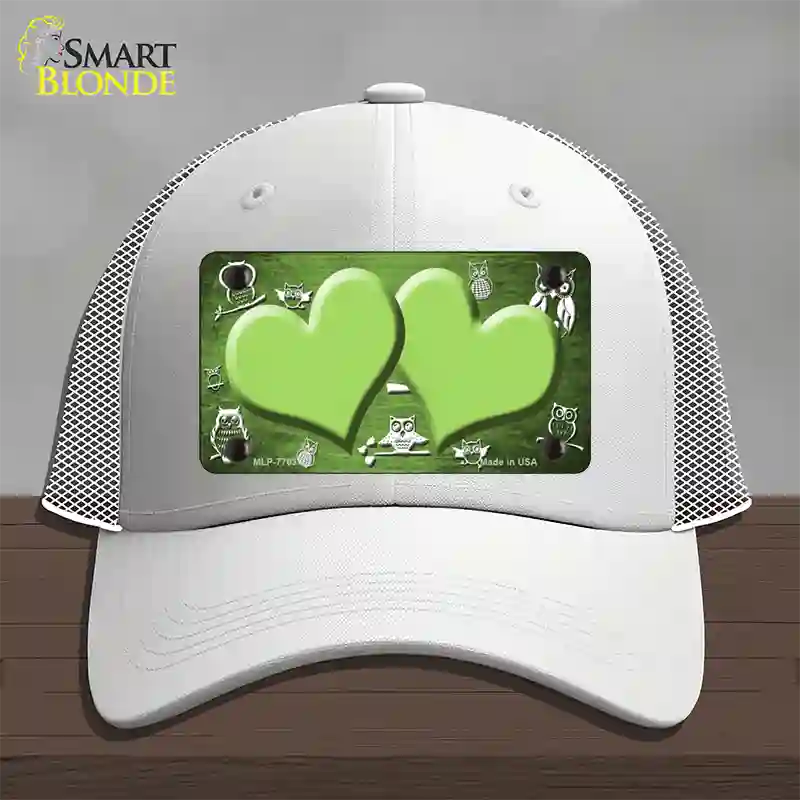 Lime Green White Owl Hearts Oil Rubbed Novelty License Plate Hat Mesh / White