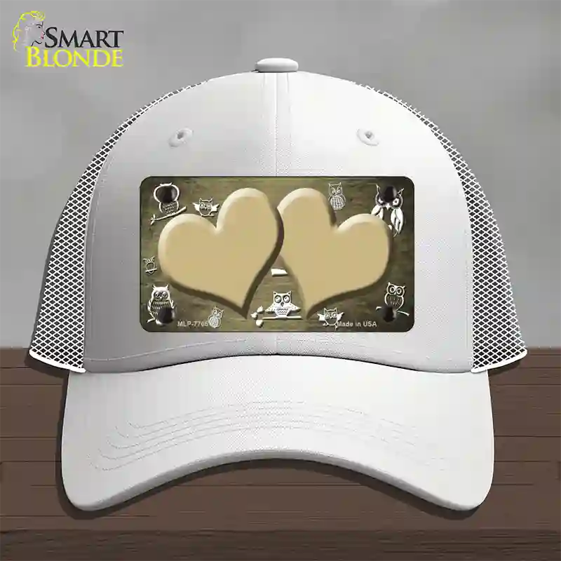 Gold White Owl Hearts Oil Rubbed Novelty License Plate Hat Mesh / White