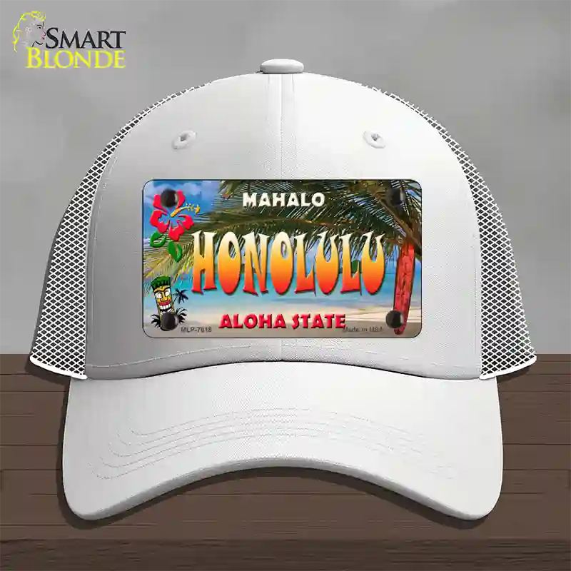 Honolulu Hawaii State Novelty License Plate Hat Mesh / White