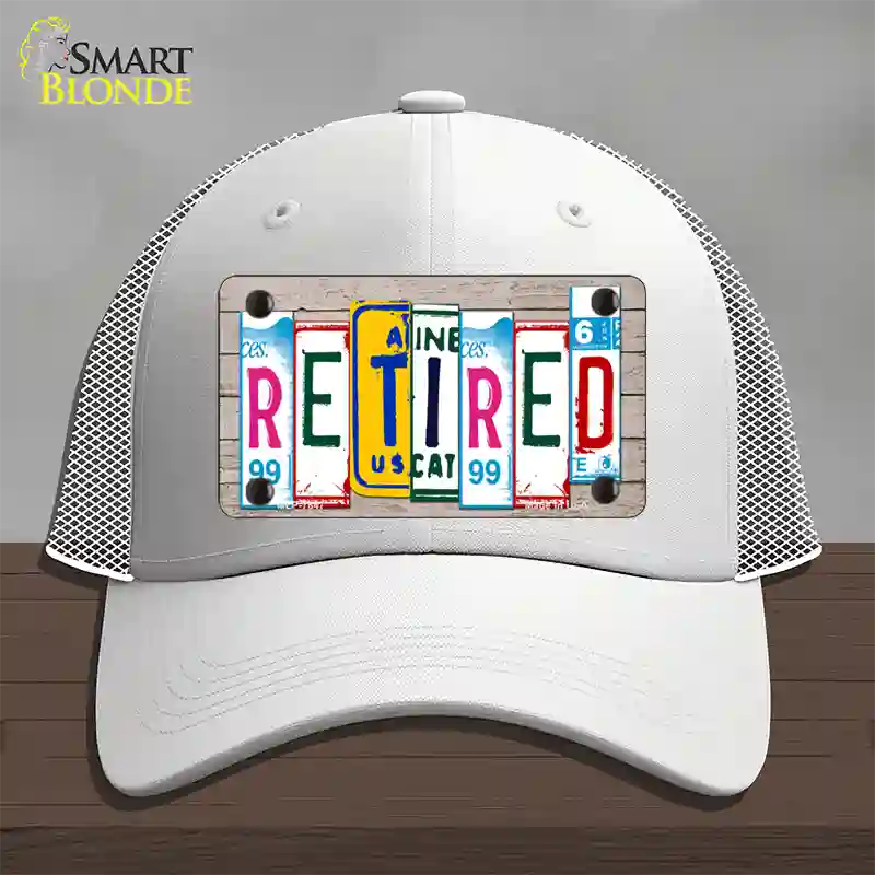 Retired License Plate Art Wood Novelty License Plate Hat Mesh / White