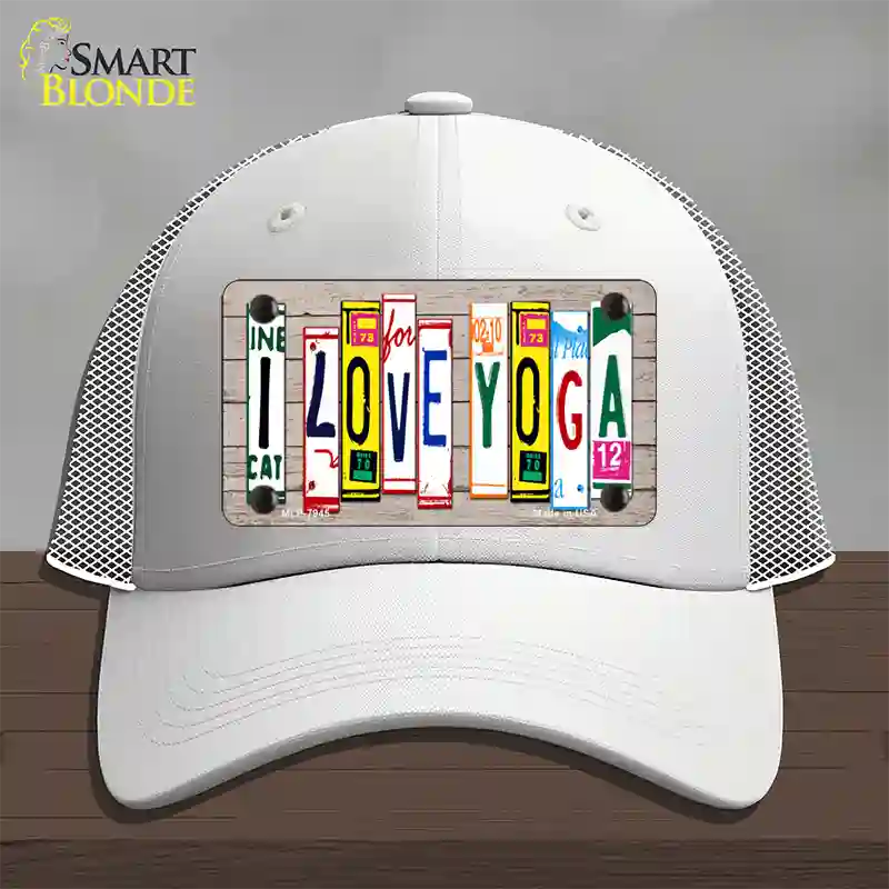 I Love Yoga Wood License Plate Art Novelty License Plate Hat Mesh / White