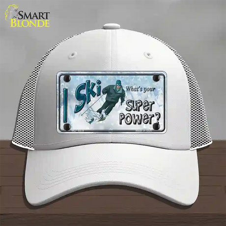 I Ski What's Your Super Power Male Novelty License Plate Hat Mesh / White