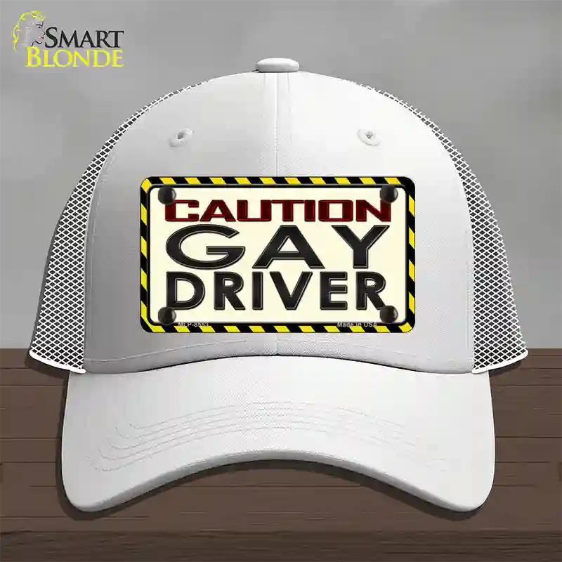 Caution Gay Driver Novelty License Plate Hat Mesh / White