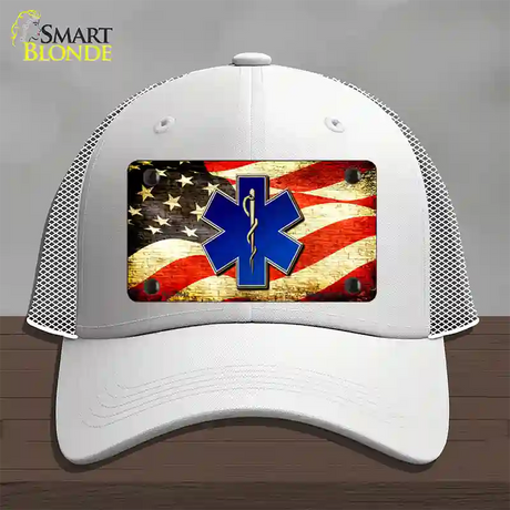 EMT Logo With USA Flag Novelty License Plate Hat Mesh / White