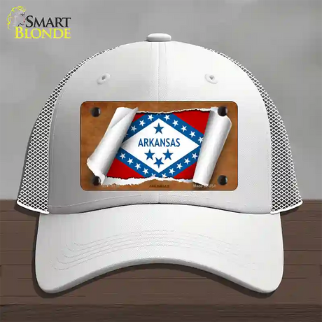 Arkansas Flag Scroll Novelty License Plate Hat Mesh / White