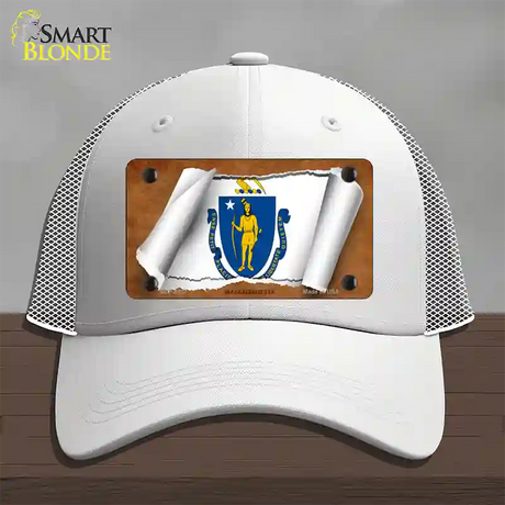 Massachusetts Flag Scroll Novelty License Plate Hat Mesh / White