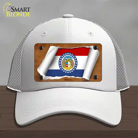 Missouri Flag Scroll Novelty License Plate Hat Mesh / White