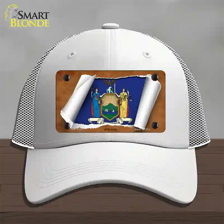 New York Flag Scroll Novelty License Plate Hat Mesh / White