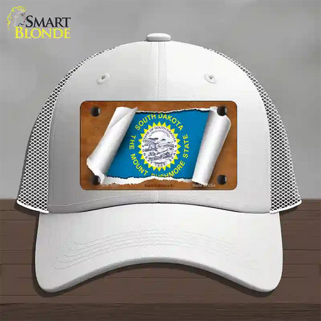 South Dakota Flag Scroll Novelty License Plate Hat Mesh / White