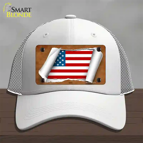 American Flag Scroll Novelty License Plate Hat Mesh / White