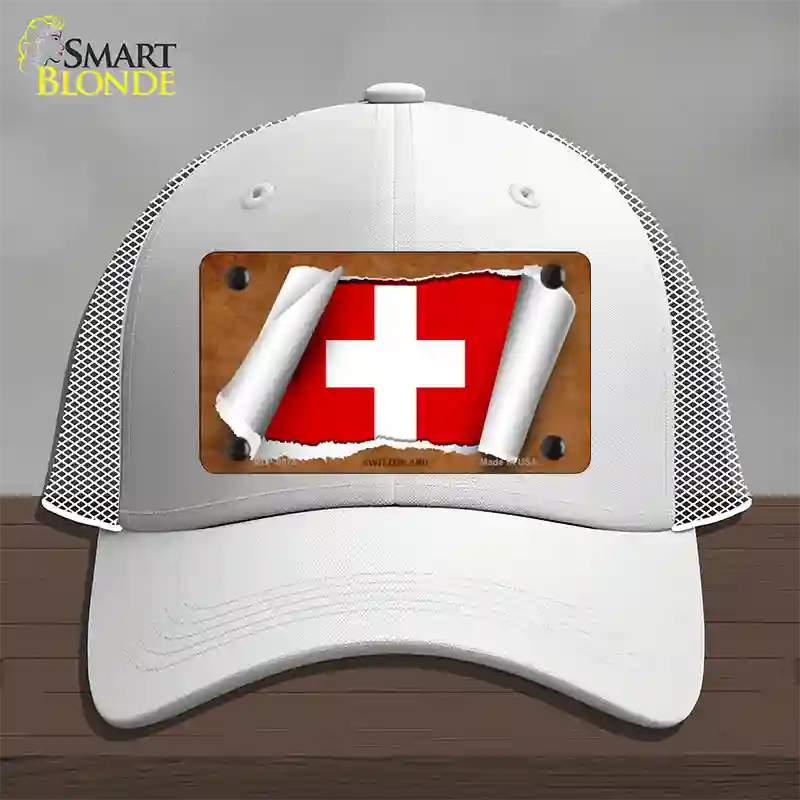 Switzerland Flag Scroll Novelty License Plate Hat Mesh / White