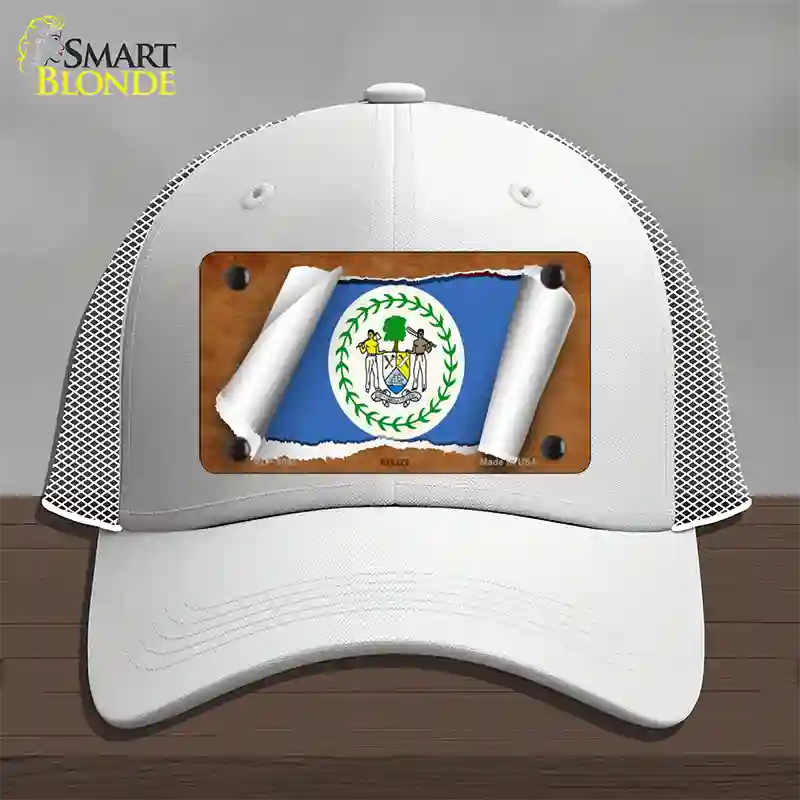 Belize Flag Scroll Novelty License Plate Hat Mesh / White