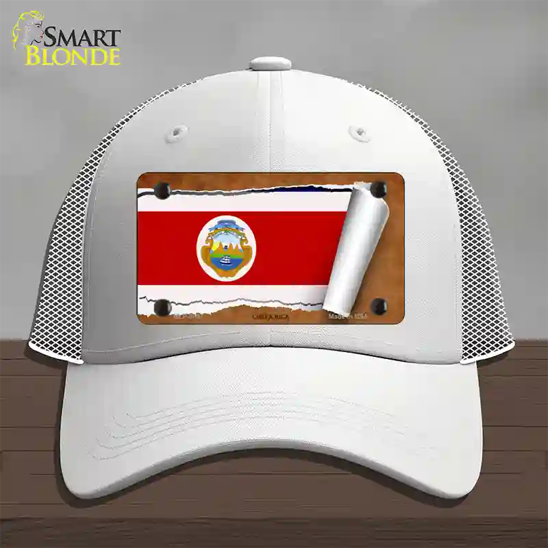 Costa Rica Flag Scroll Novelty License Plate Hat Mesh / White