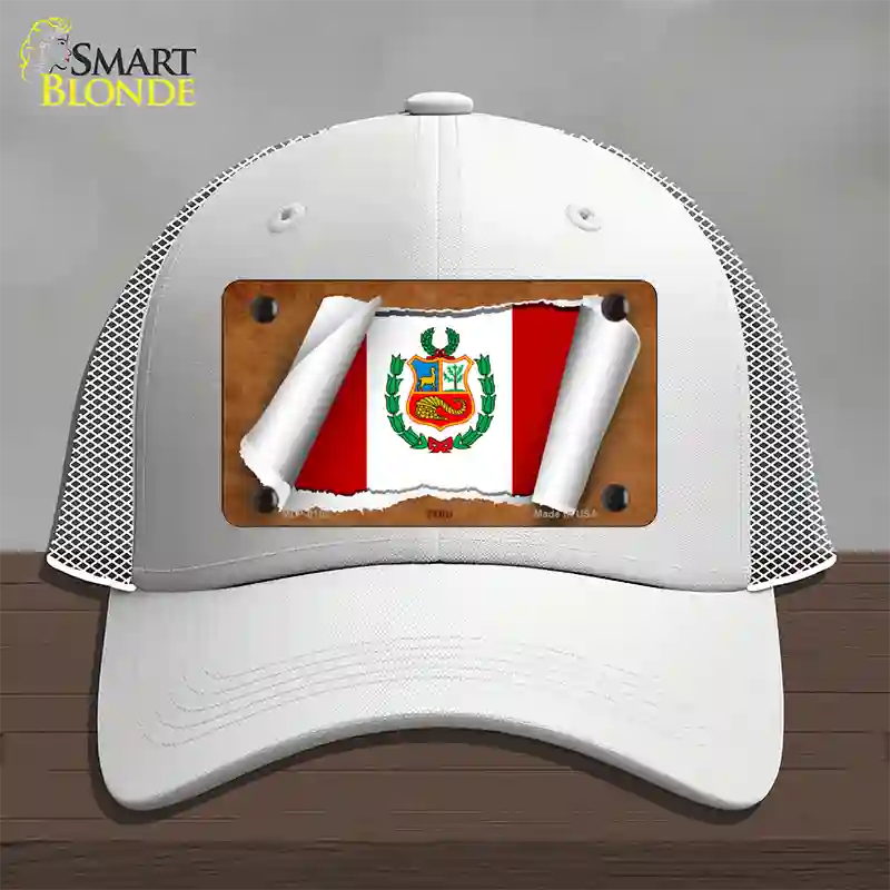 Peru Flag Scroll Novelty License Plate Hat Mesh / White