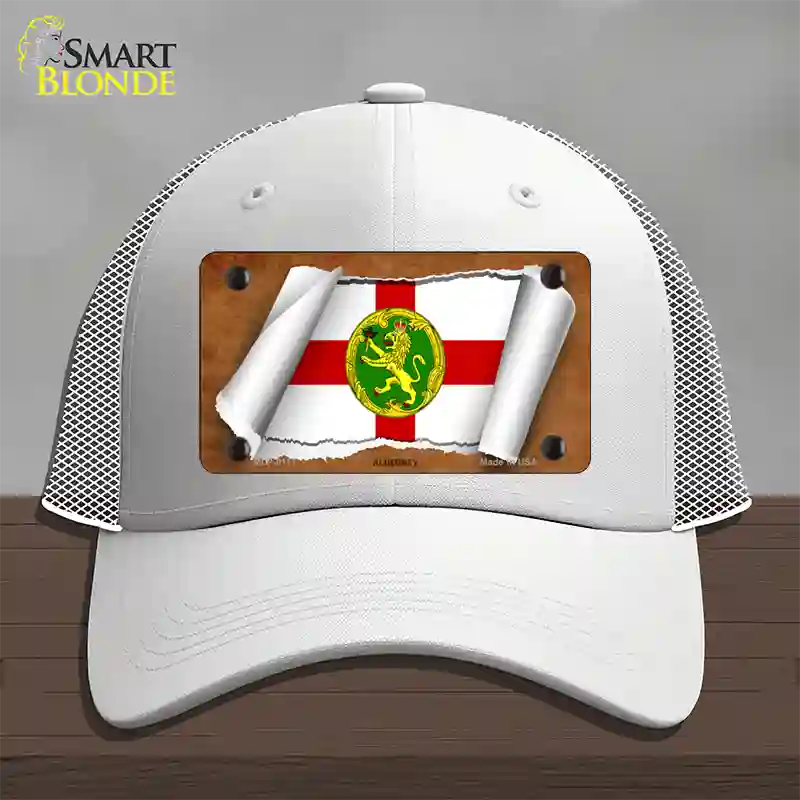 Alderney Flag Scroll Novelty License Plate Hat Mesh / White