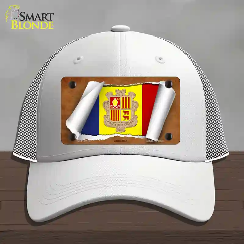 Andorra Flag Scroll Novelty License Plate Hat Mesh / White