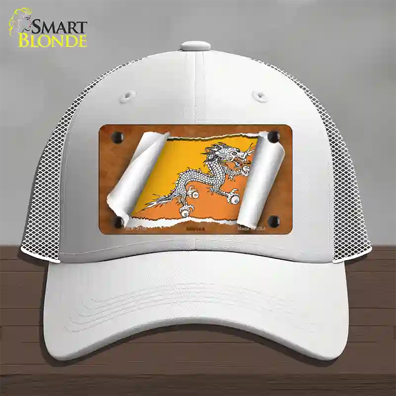 Bhutan Flag Scroll Novelty License Plate Hat Mesh / White