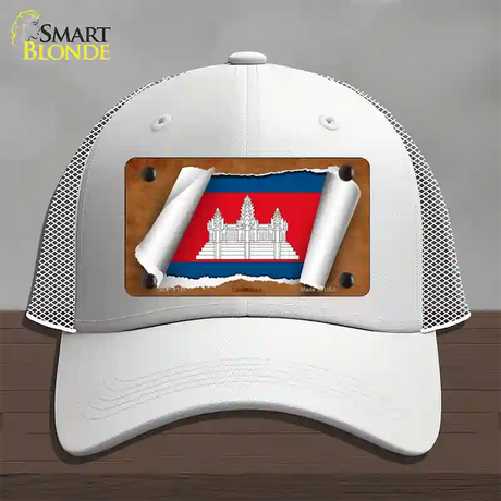 Cambodia Flag Scroll Novelty License Plate Hat Mesh / White