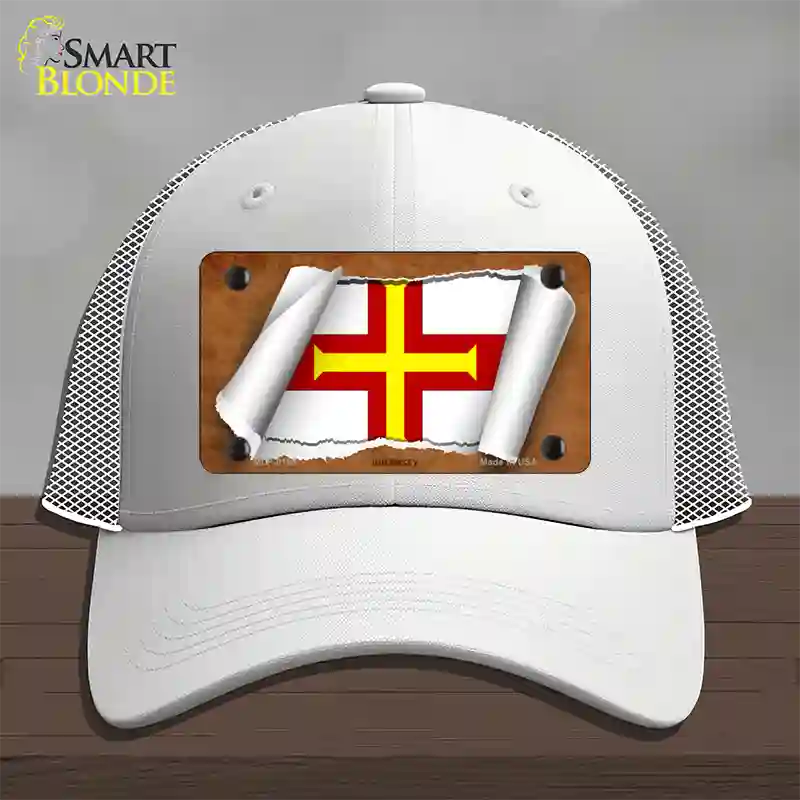 Guernsey Flag Scroll Novelty License Plate Hat Mesh / White