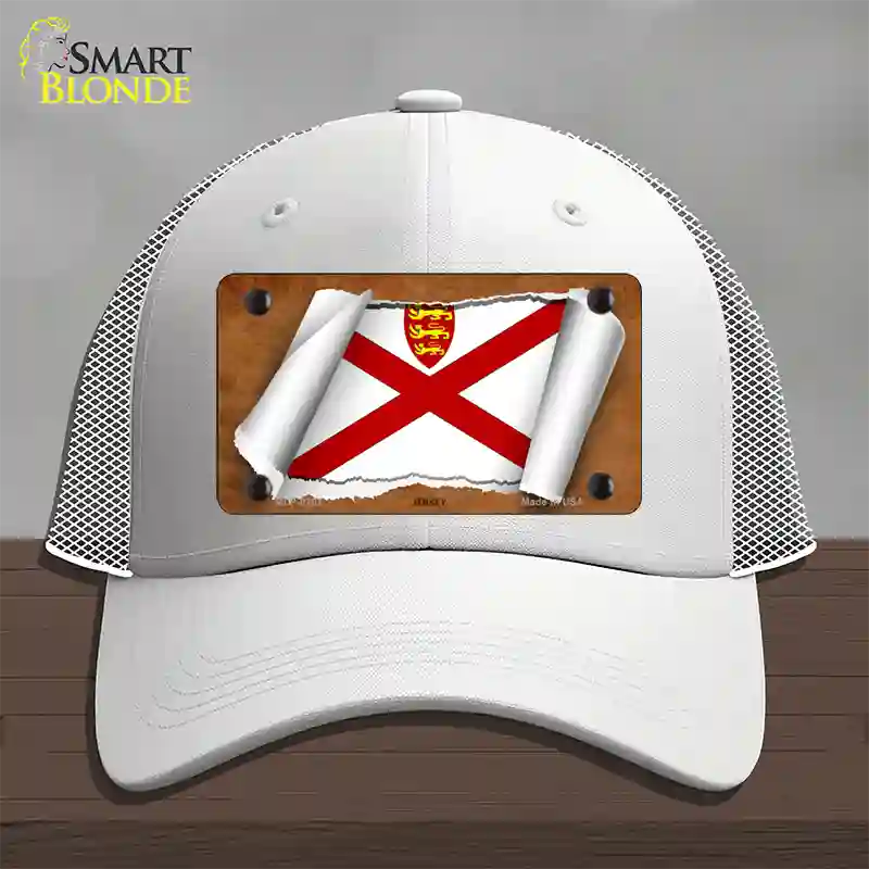 Jersey Flag Scroll Novelty License Plate Hat Mesh / White