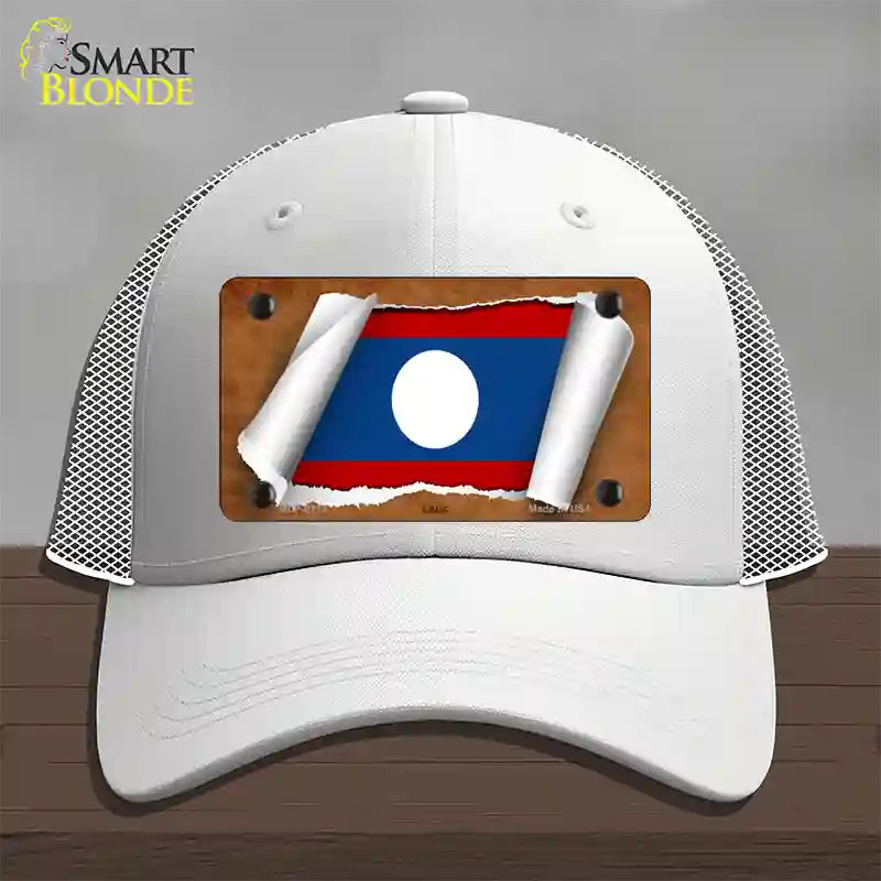 Laos Flag Scroll Novelty License Plate Hat Mesh / White