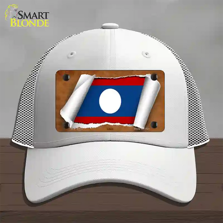 Laos Flag Scroll Novelty License Plate Hat Mesh / White