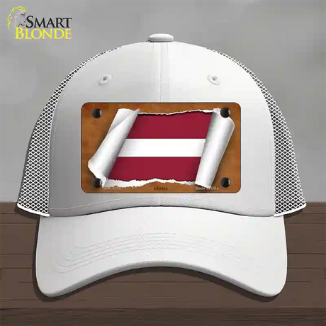 Latvia Flag Scroll Novelty License Plate Hat Mesh / White